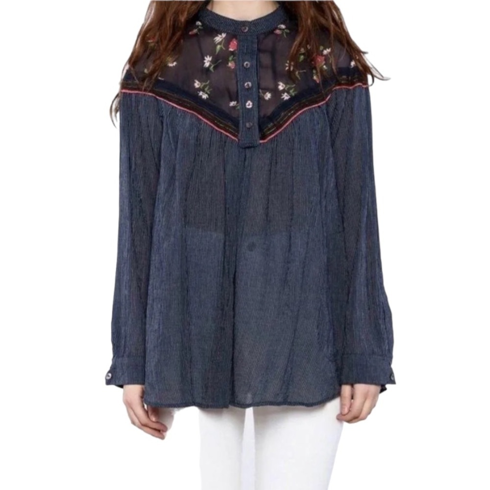 FREE People Navy Blue Pinstripe Sheer Floral Boho Oversized Tunic Blouse Top - Picture 4 of 16